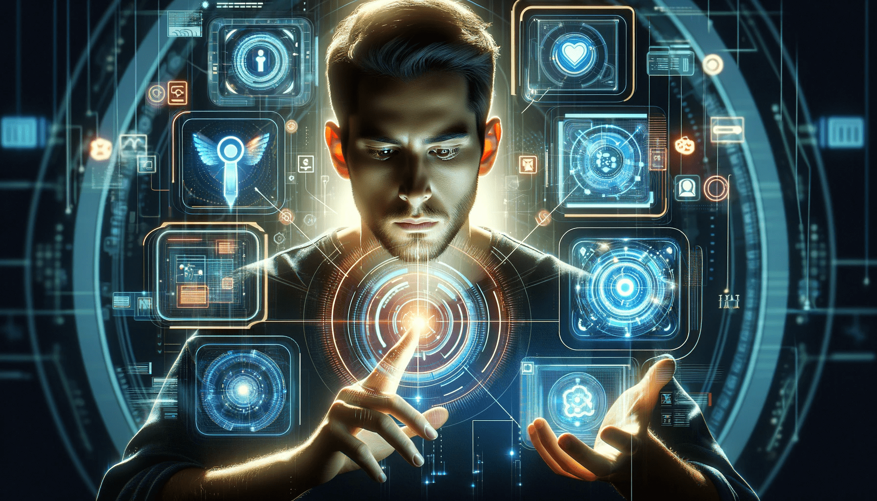 Ein Mann, der von Technologie umgeben ist, mit mehreren leuchtenden Bildschirmen, die verschiedene Arten von Informationen anzeigen.